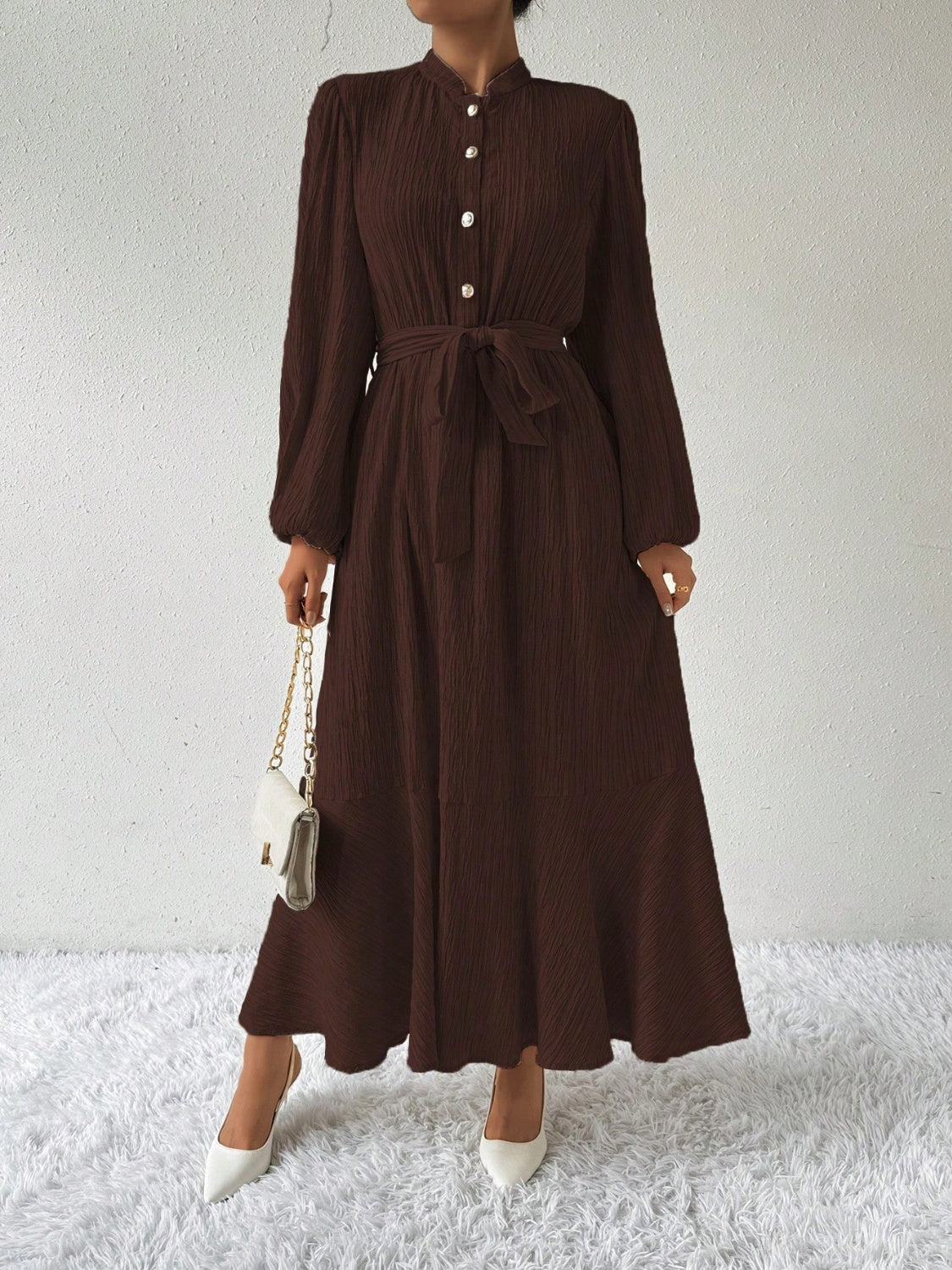 Half Button Tie Waist Long Sleeve Maxi Dress - Charming Charlie