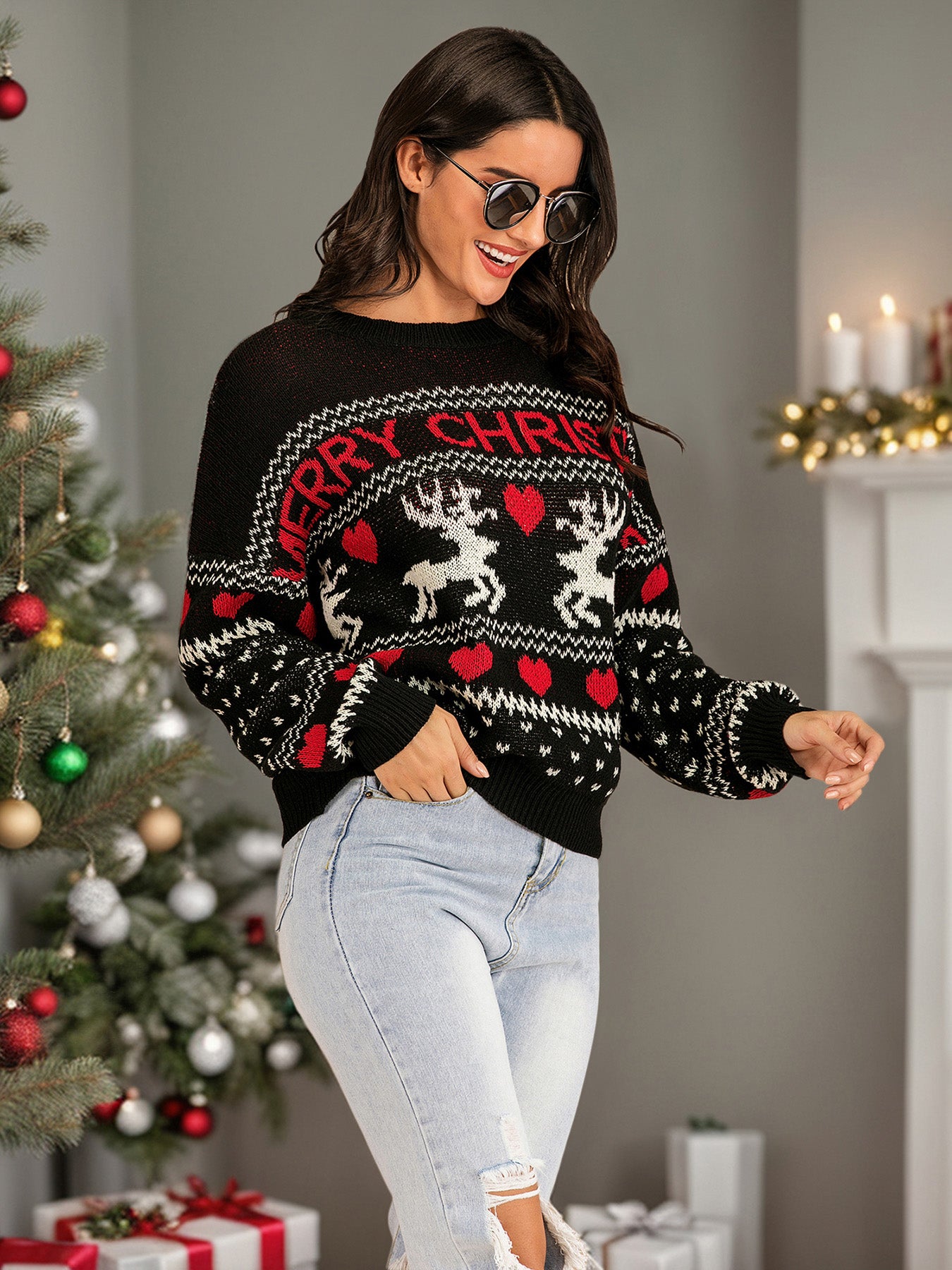 Perfee Christmas Element Round Neck Sweater - Charming Charlie