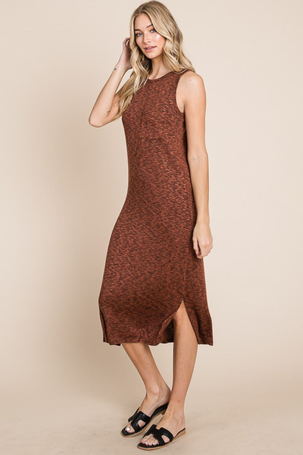 BOMBOM Slit Round Neck Sleeveless Midi Dress - Charming Charlie