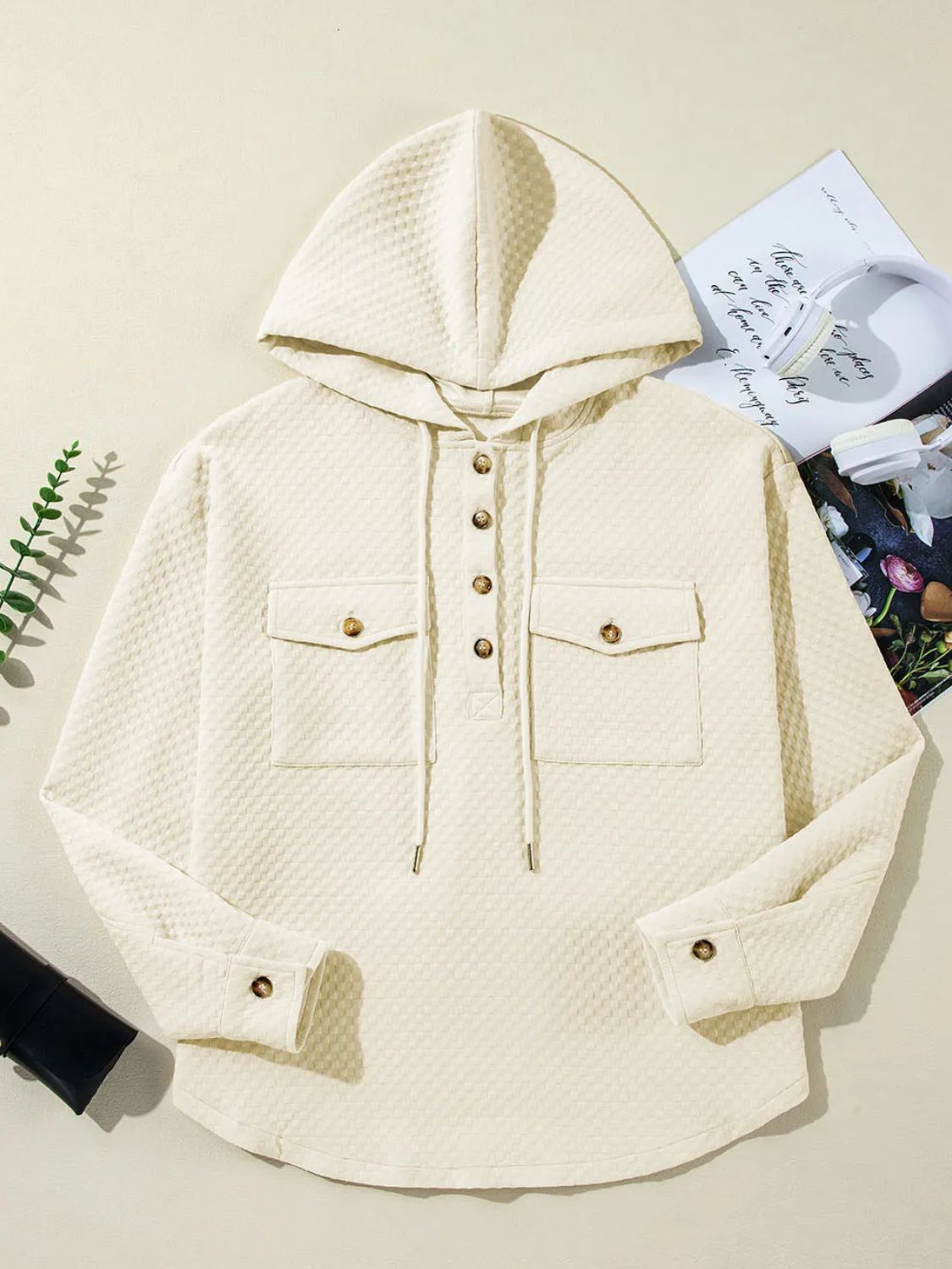 Drawstring Half Button Long Sleeve Hoodie - Charming Charlie