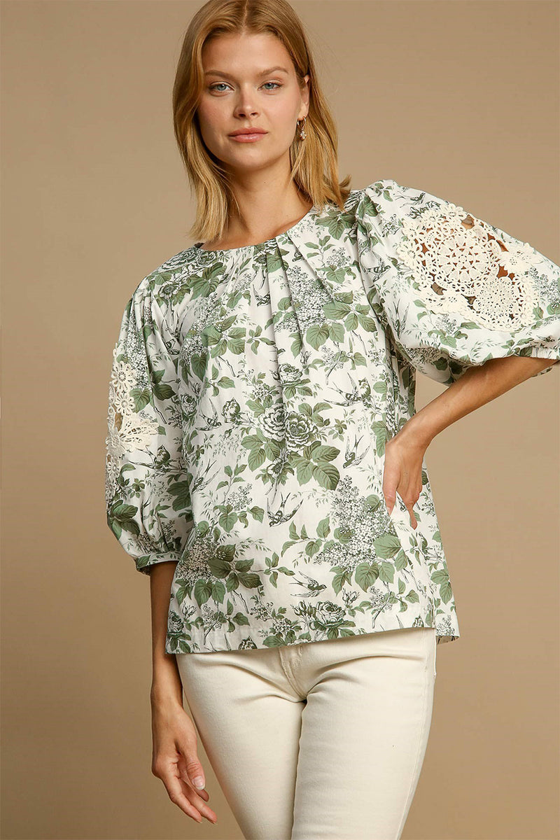 Umgee Full Size Floral Print Tassel Tie Neck Scalloped Sleeve Blouse Plus Size main image 1