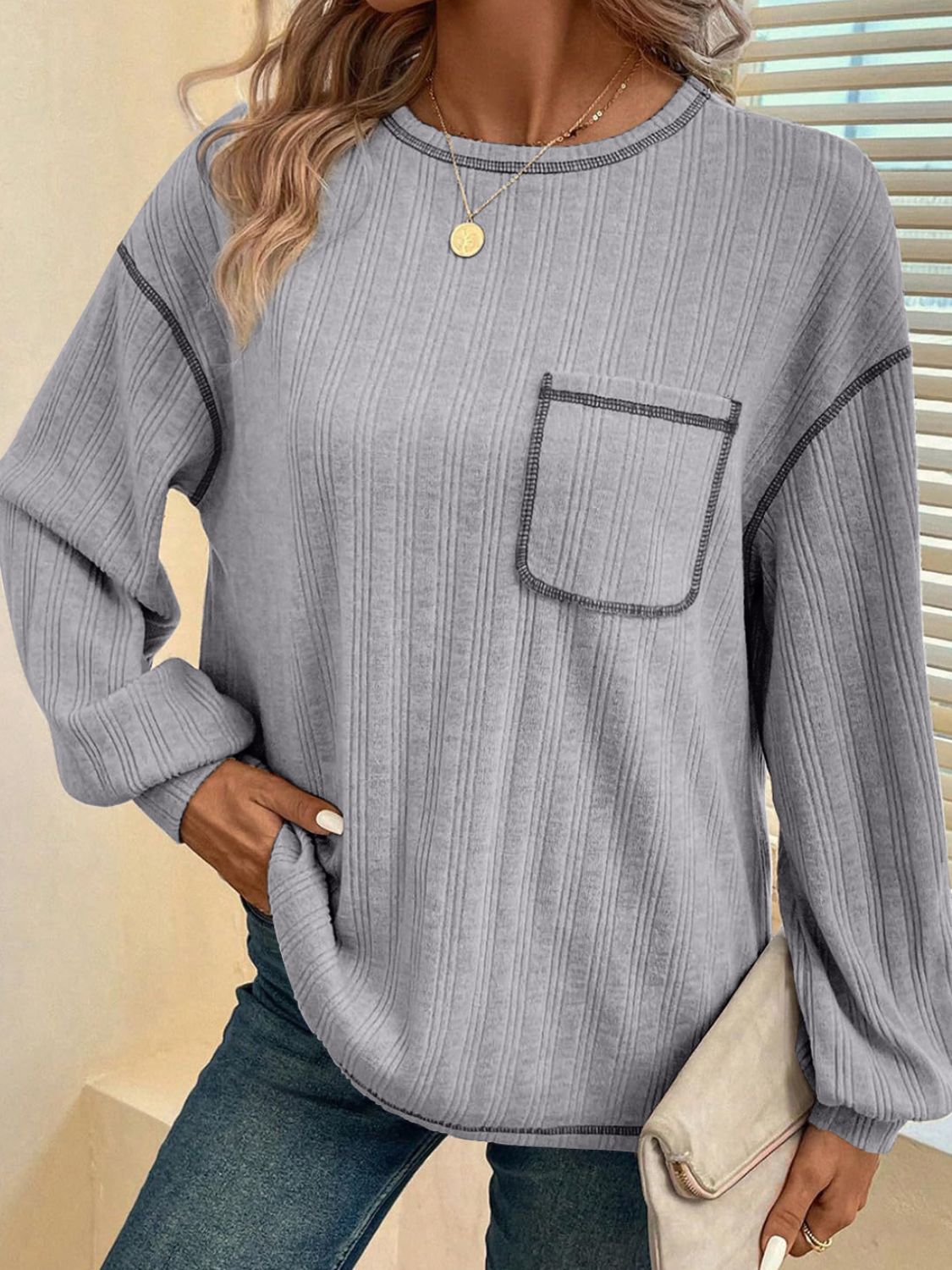 Mandy Contrast Stitching Round Neck Long Sleeve T-Shirt - Charming Charlie