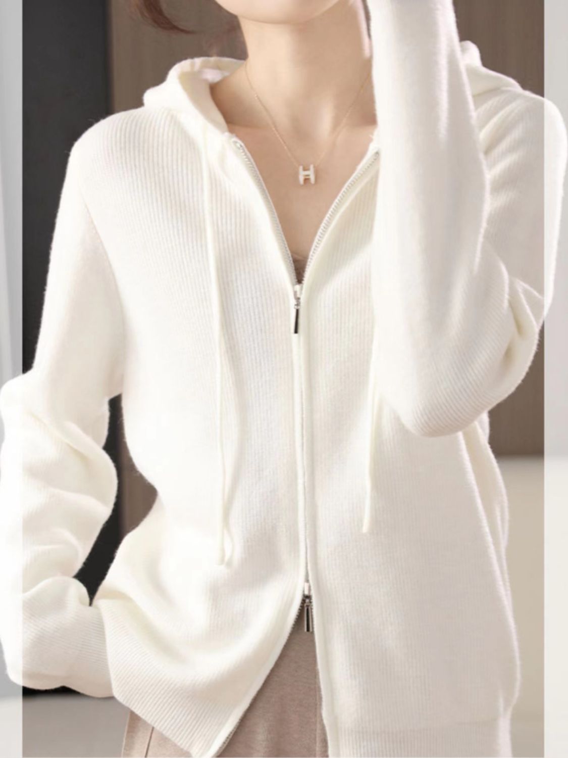 Drawstring Zip Up Long Sleeve Hooded Sweater - Charming Charlie