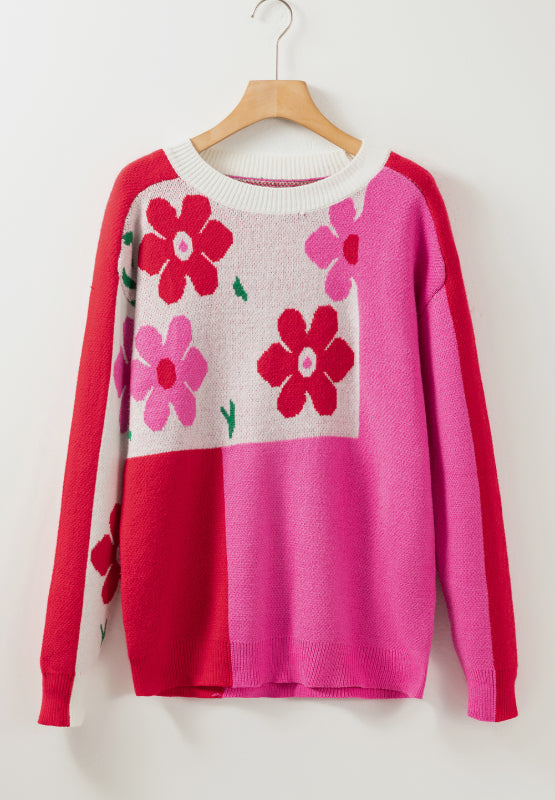 Flower Color Block Round Neck Sweater - Charming Charlie