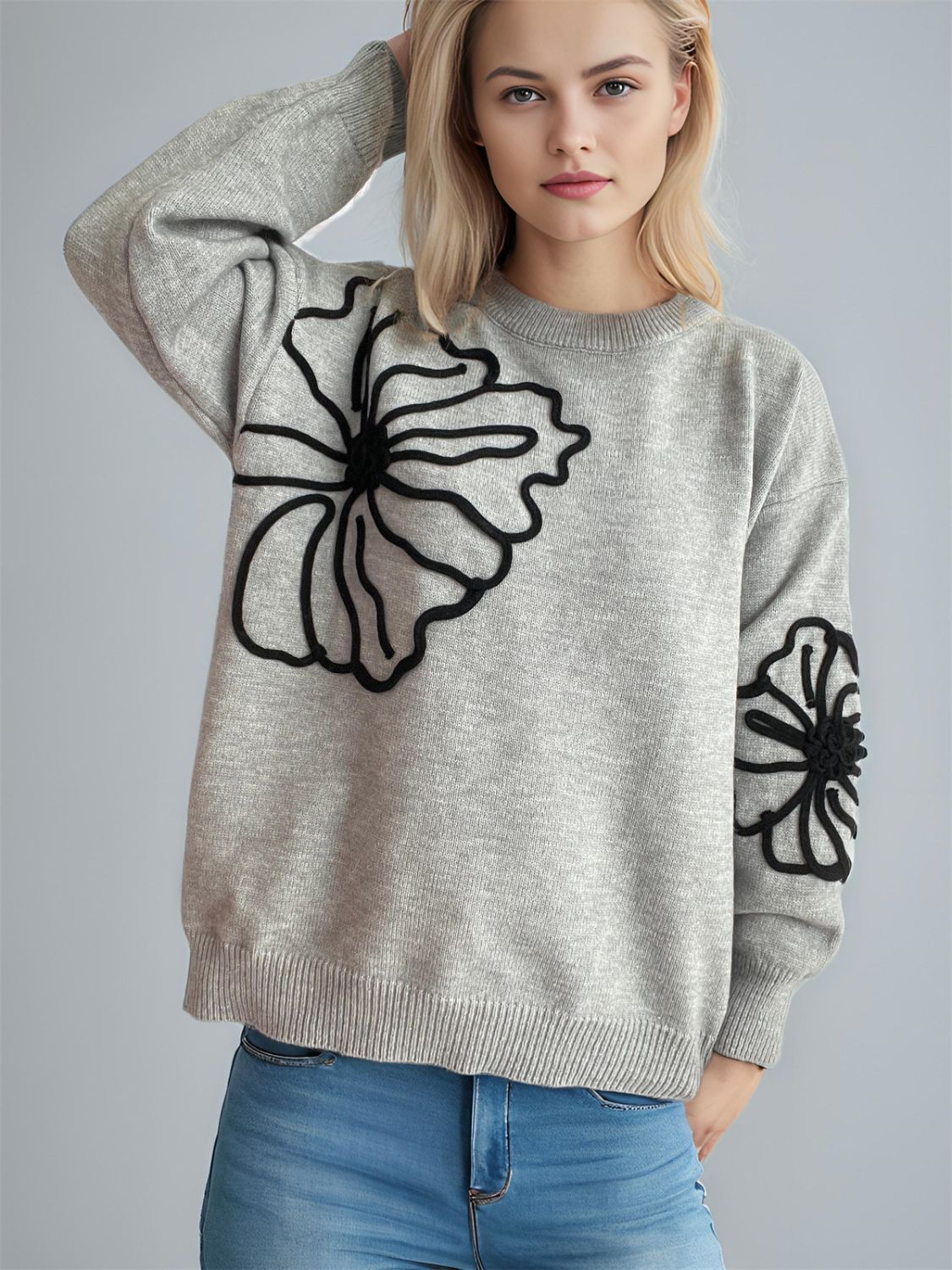 Flower Round Neck Long Sleeve Sweater - Charming Charlie