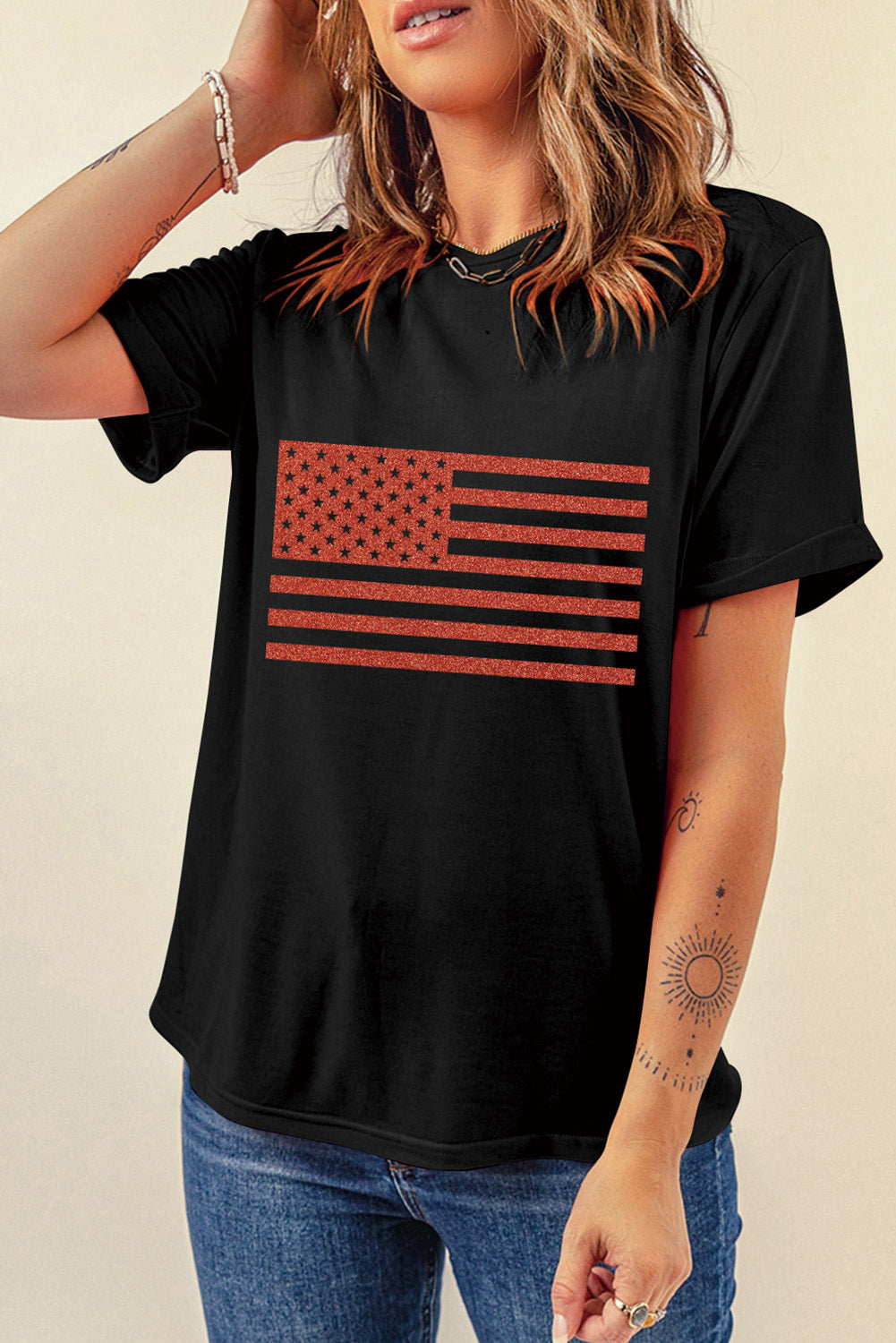 US Flag Round Neck Short Sleeve T-Shirt - Charming Charlie