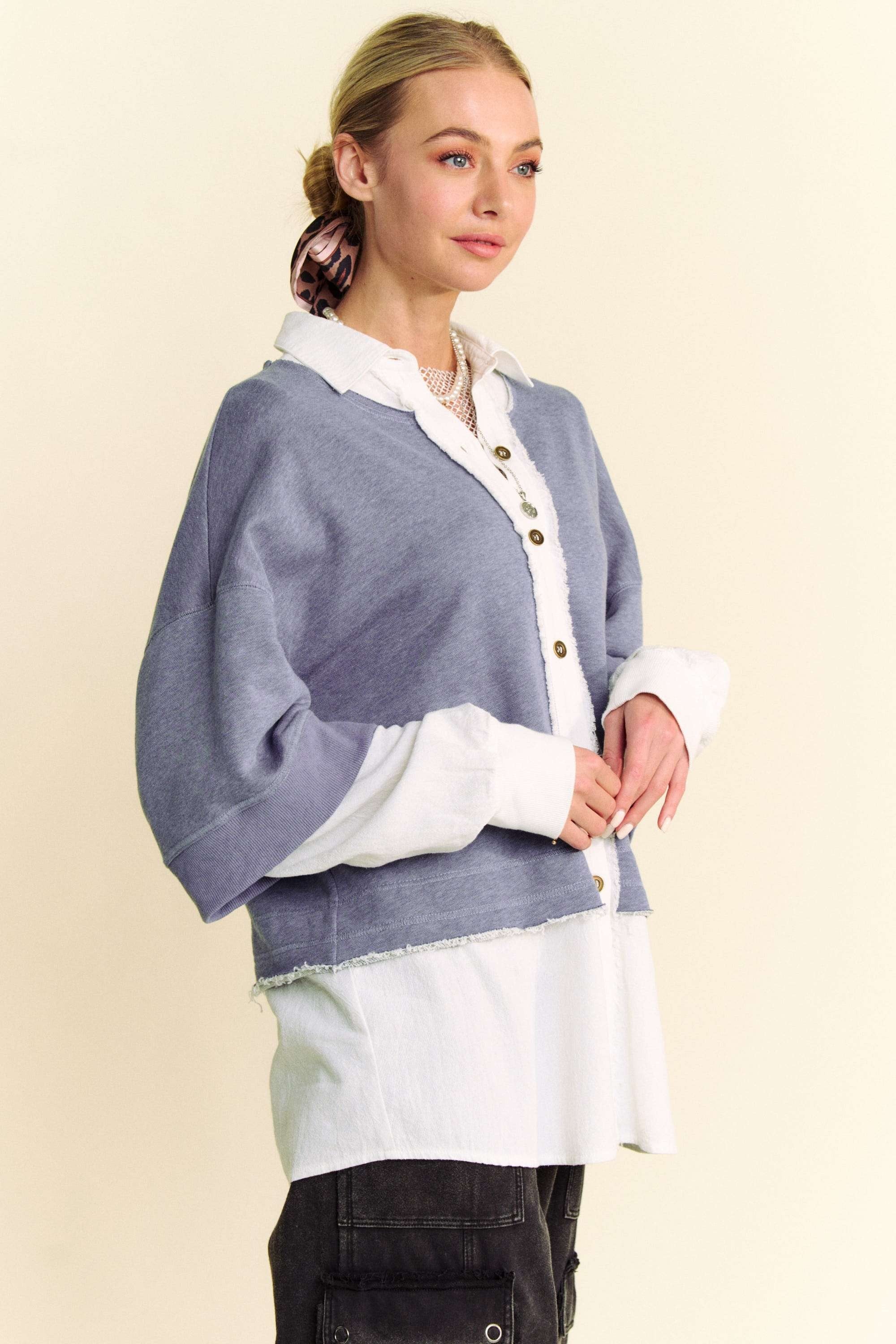Davi & Dani Faux Layered French Terry Contrast Top - Charming Charlie