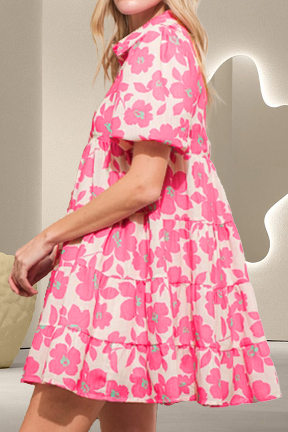 Printed Collared Neck Short Sleeve Mini Dress - Charming Charlie