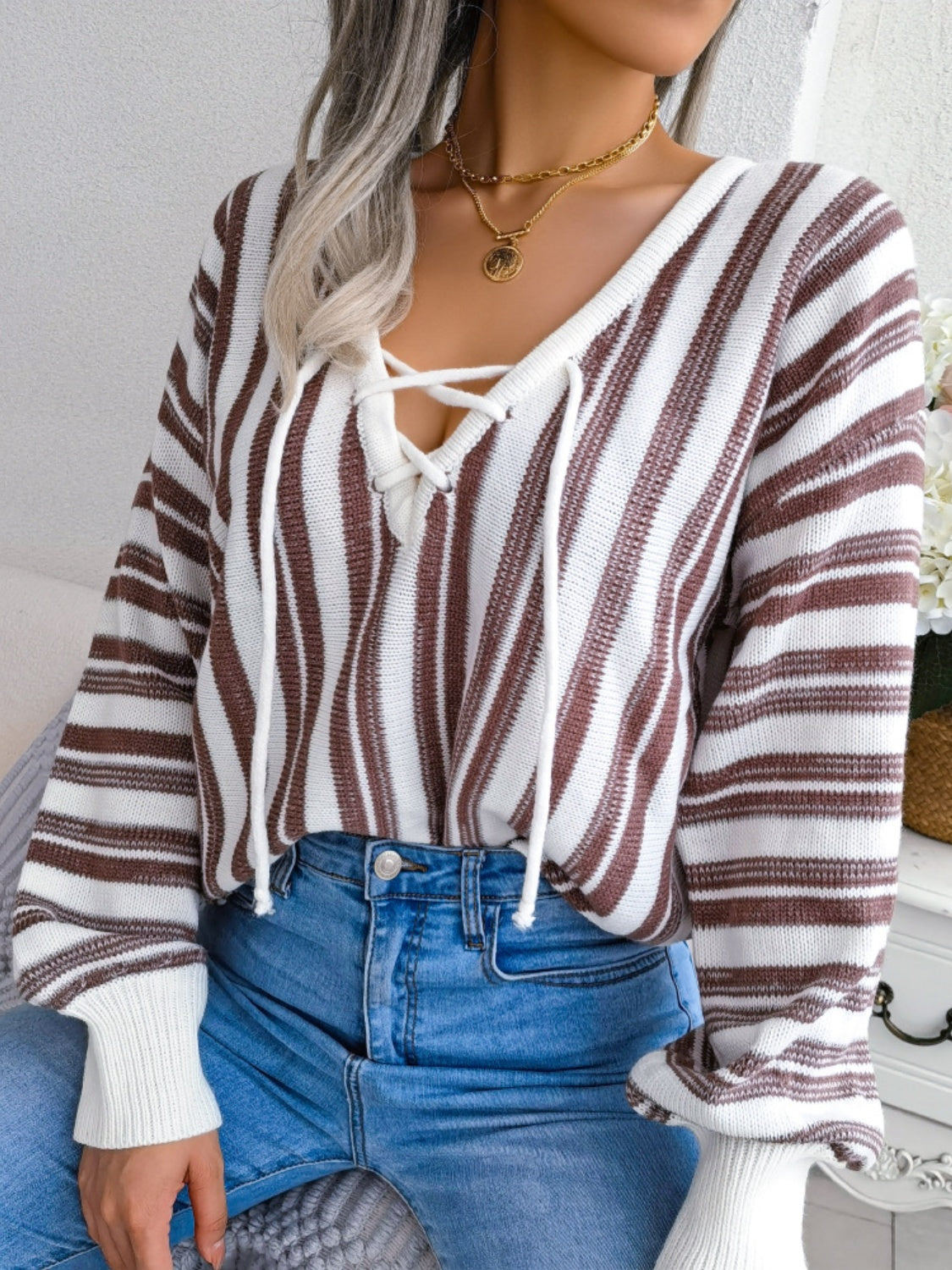 Striped Lace-Up Long Sleeve Sweater - Charming Charlie