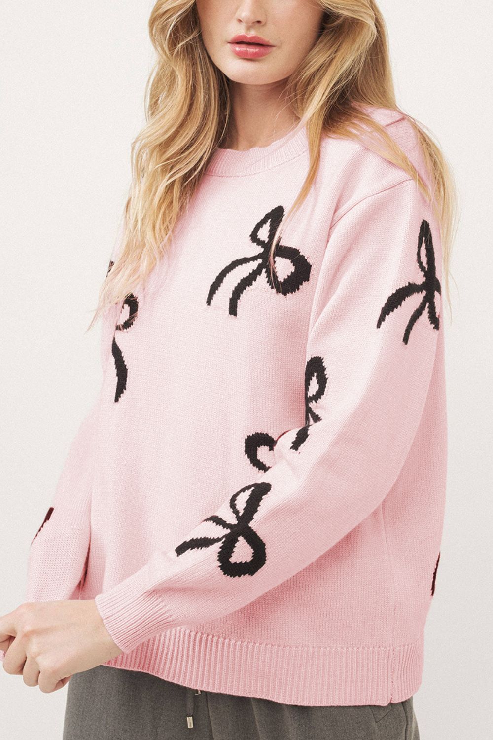 Bow Pattern Round Neck Loose Fit Sweater - Charming Charlie
