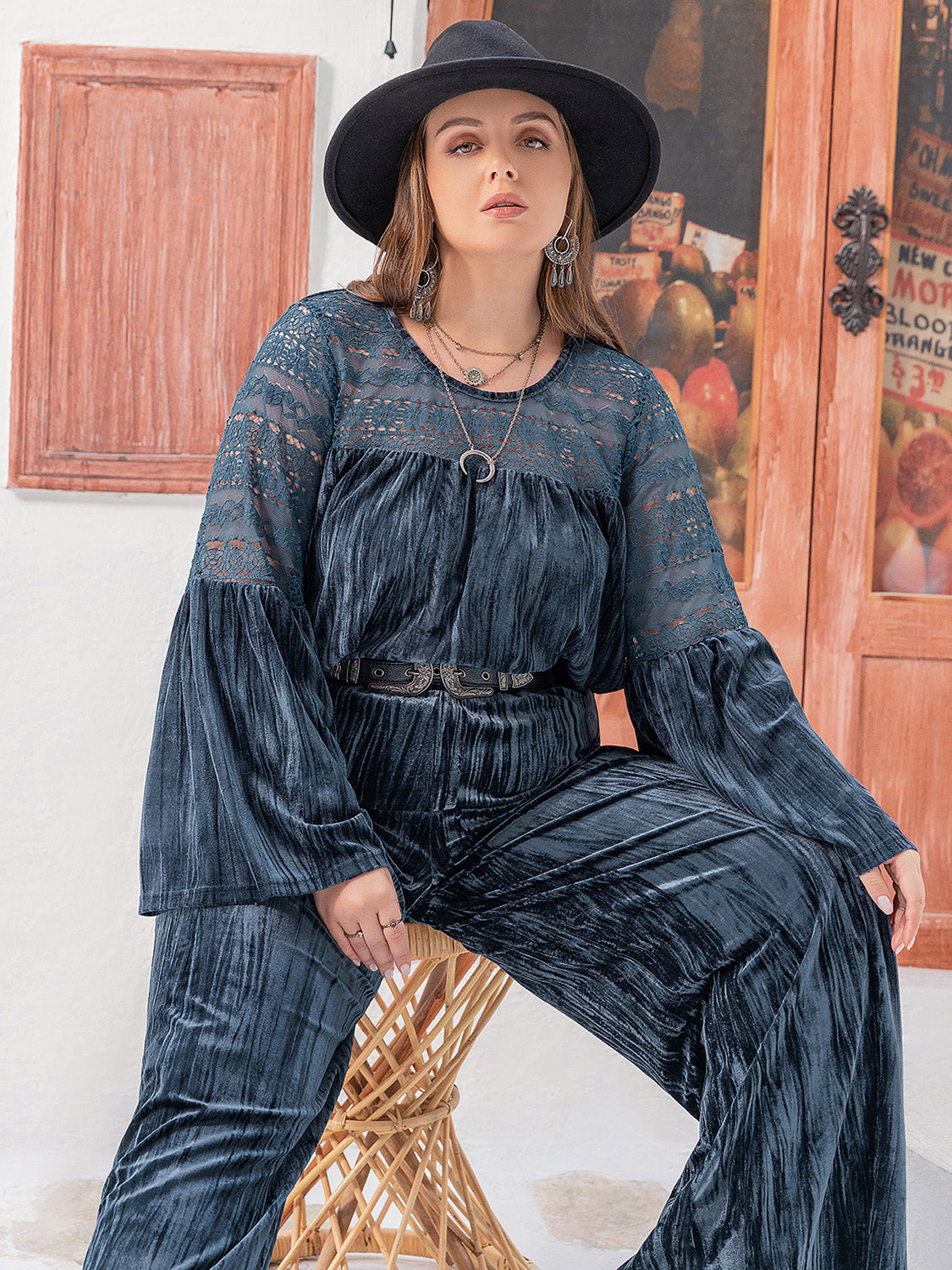 Plus Size Round Neck Flare Sleeve Top and Pants Set - Charming Charlie