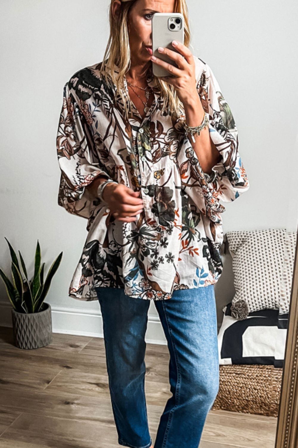 Printed Notched Flounce Sleeve Blouse - Charming Charlie