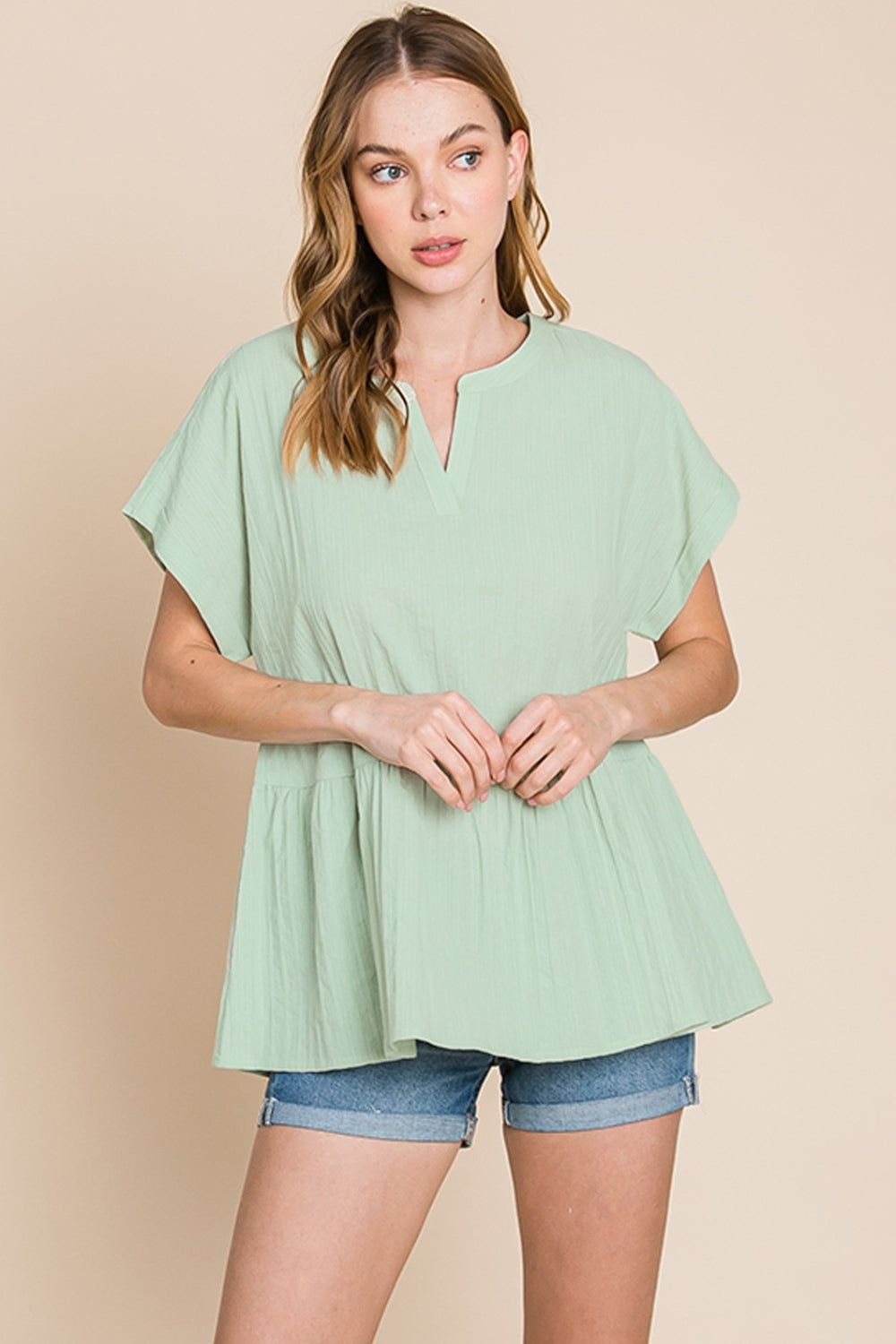 Cotton Bleu by Nu Lab Ruched Notched Short Sleeve Blouse - Charming Charlie