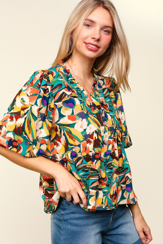 Haptics Full Size Frill Floral Puff Sleeve Peplum Blouse - Charming Charlie