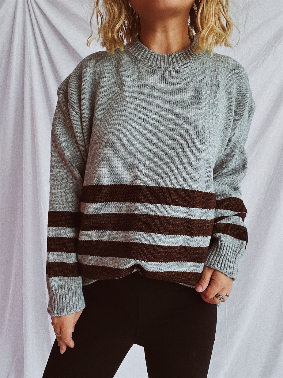 Striped Dropped Shoulder Long Sleeve Sweater - Charming Charlie