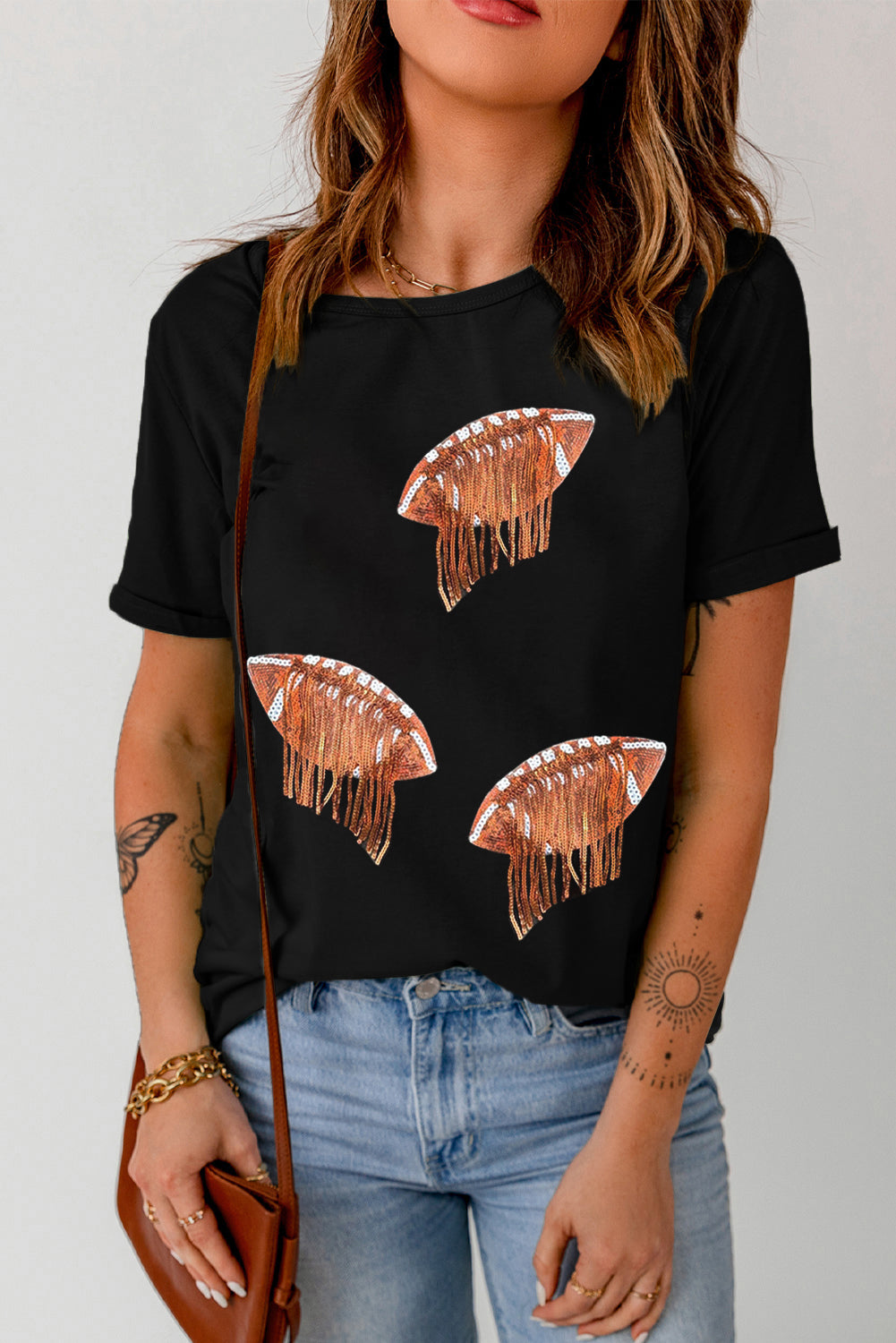 Sequin Football Round Neck Short Sleeve T-Shirt - Charming Charlie