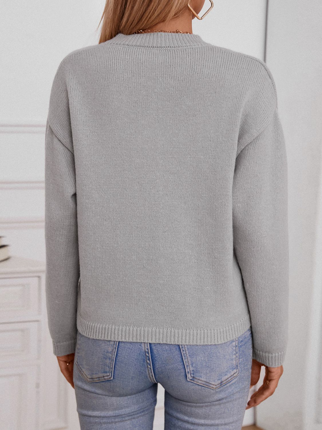 Pocketed Notched Long Sleeve Knit Top - Charming Charlie