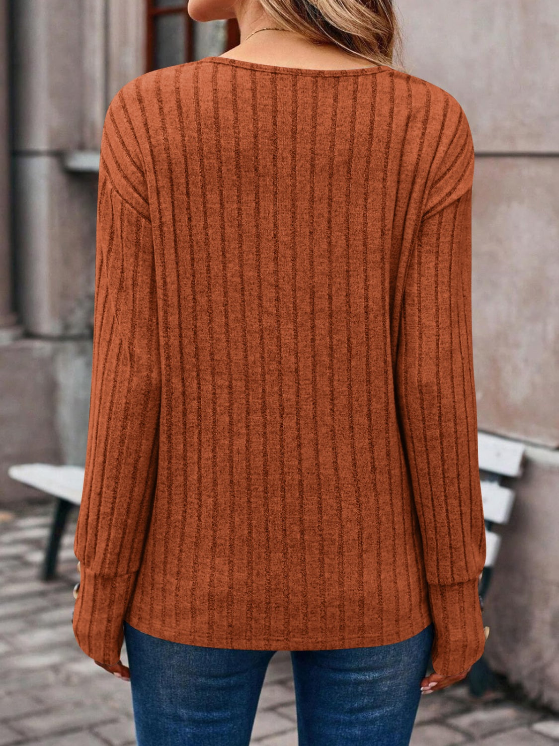 Decorative Button V-Neck Long Sleeve T-Shirt - Charming Charlie