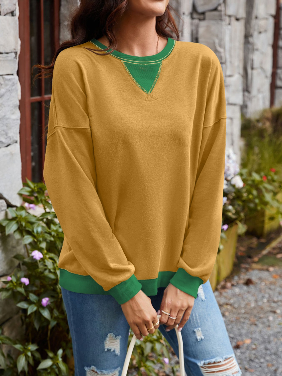 Contrast Round Neck Long Sleeve Sweatshirt - Charming Charlie