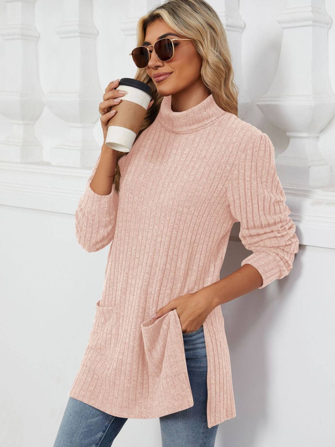 Slit Mock Neck Long Sleeve T-Shirt - Charming Charlie