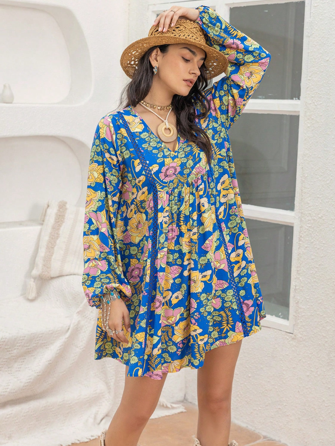Printed V-Neck Balloon Sleeve Mini Dress - Charming Charlie