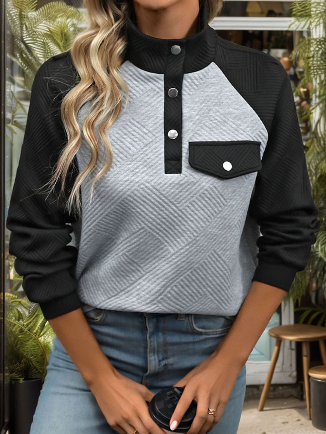 Contrast Textured Long Sleeve Sweatshirt - Charming Charlie