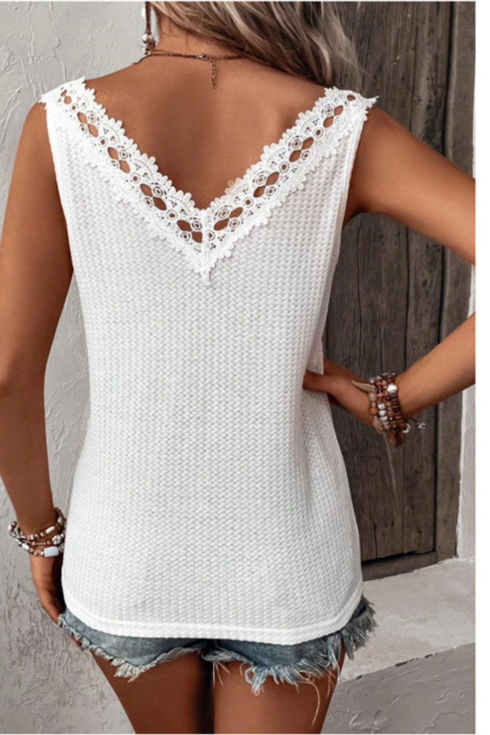 Lace Detail Textured V-Neck Tank - Charming Charlie