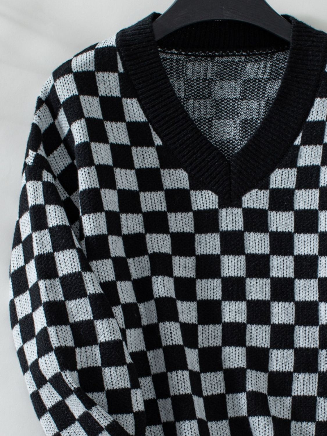 Checkered V-Neck Dropped Shoulder Sweater - Charming Charlie