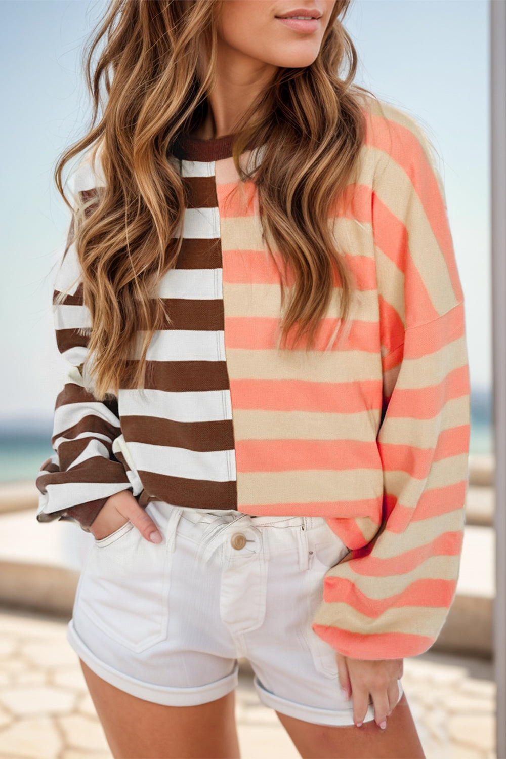 Striped Round Neck Long Sleeve Sweatshirt - Charming Charlie
