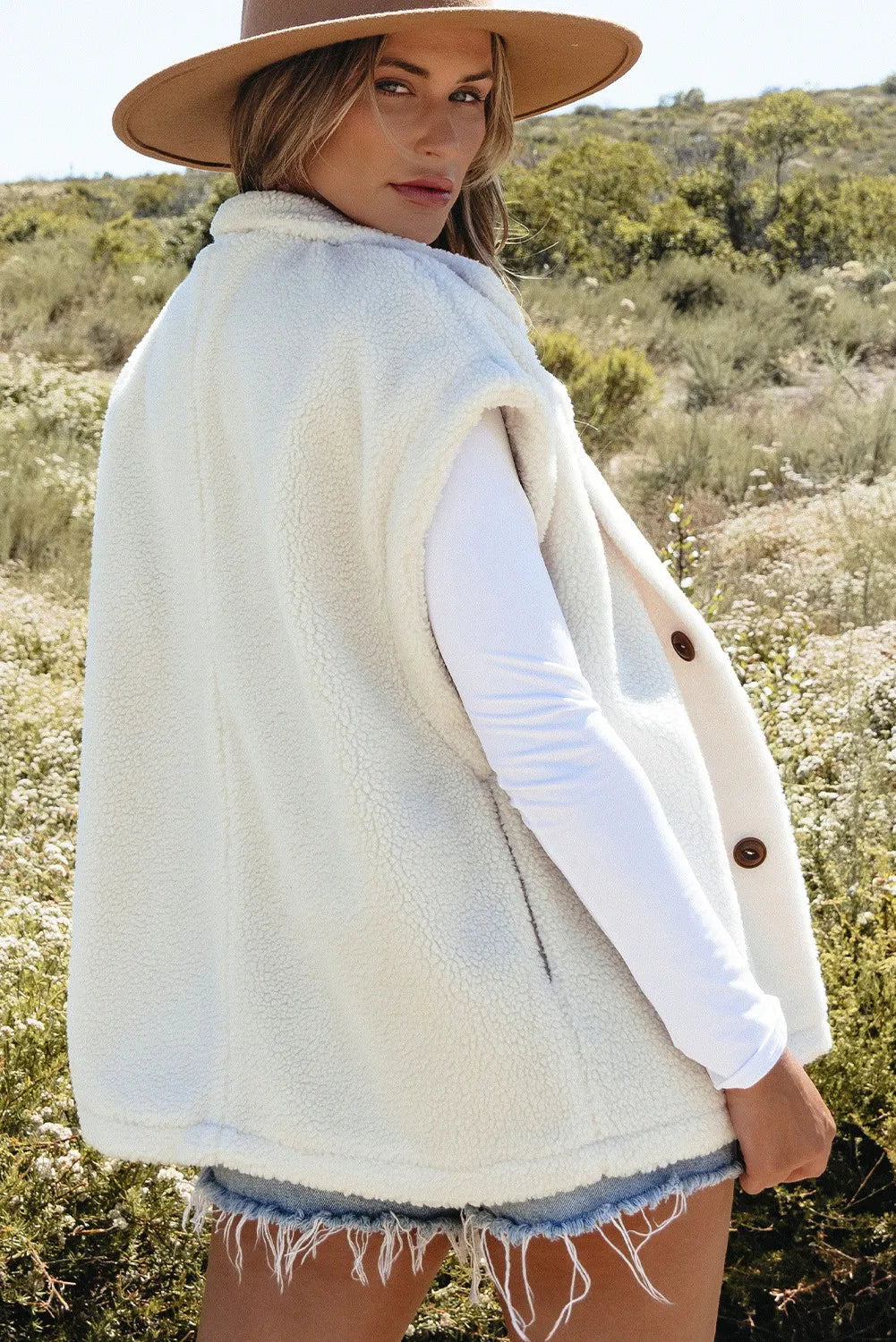 Fuzzy Mock Neck Button Up Vest Coat - Charming Charlie