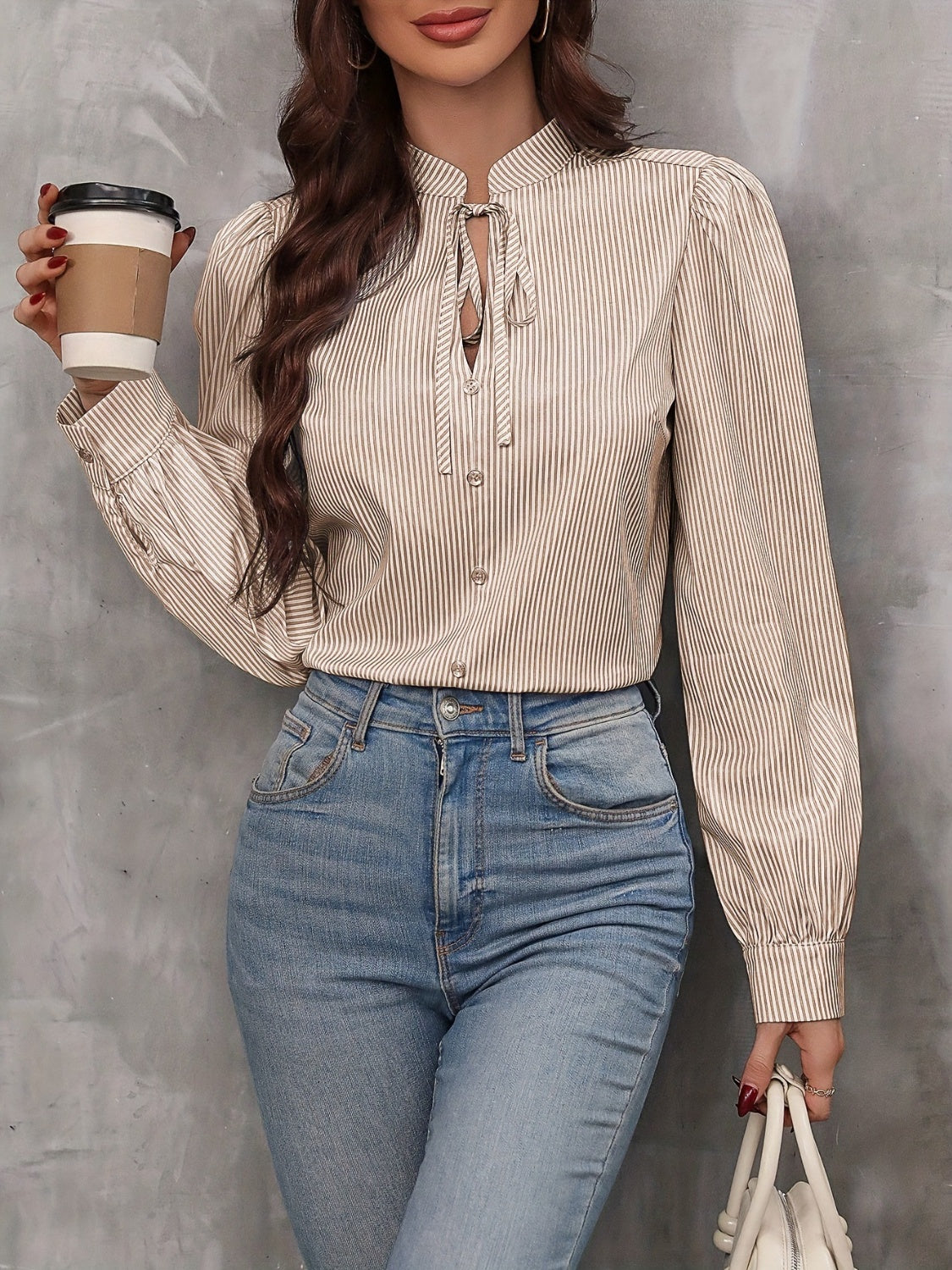Tied Striped Long Sleeve Blouse - Charming Charlie