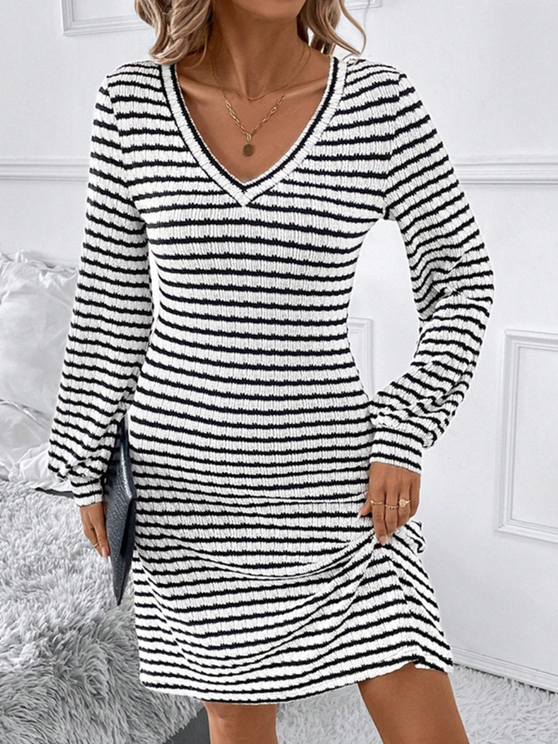 Striped V-Neck Long Sleeve Dress - Charming Charlie