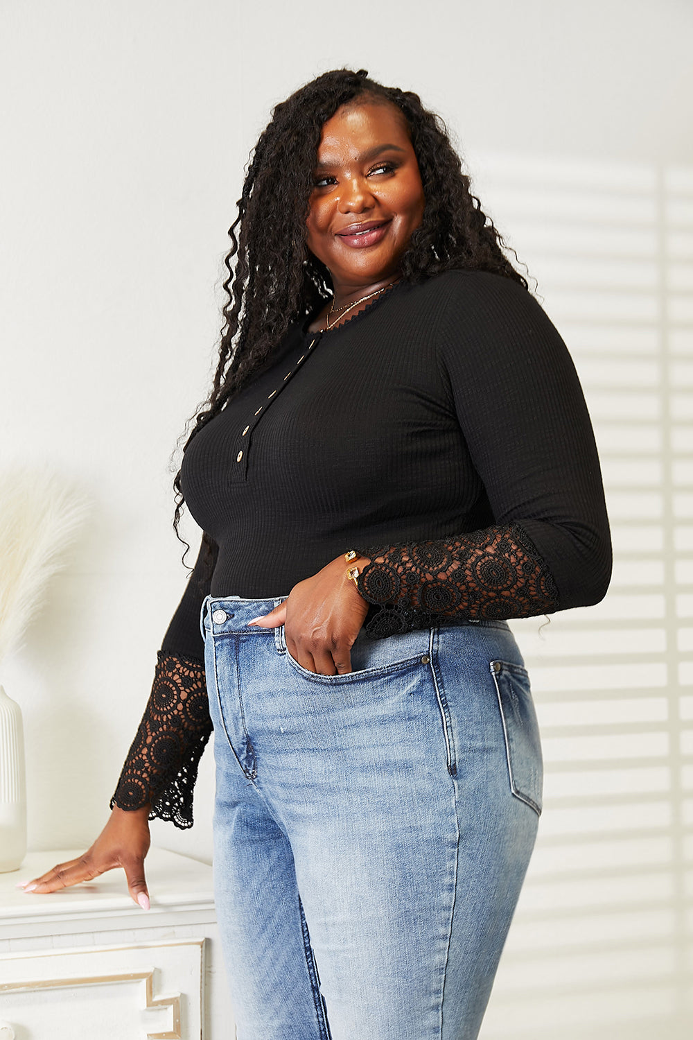 Double Take Crochet Lace Hem Sleeve Button Top - Charming Charlie