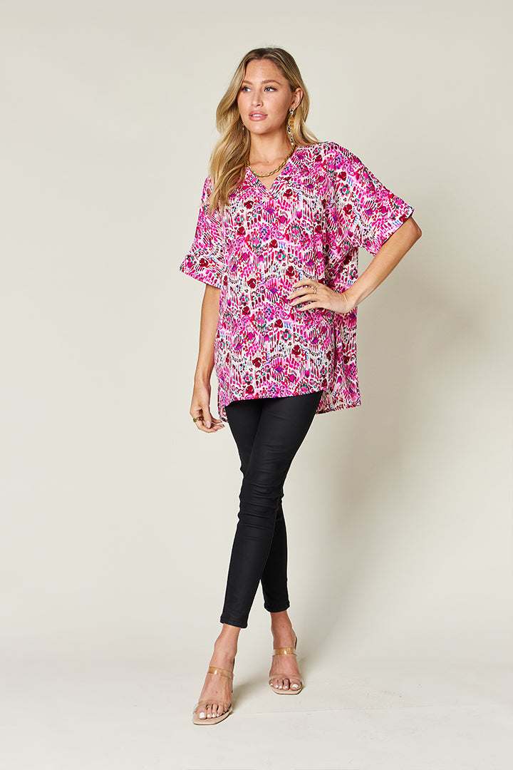 Double Take Full Size Printed V-Neck Short Sleeve Blouse - Charming Charlie