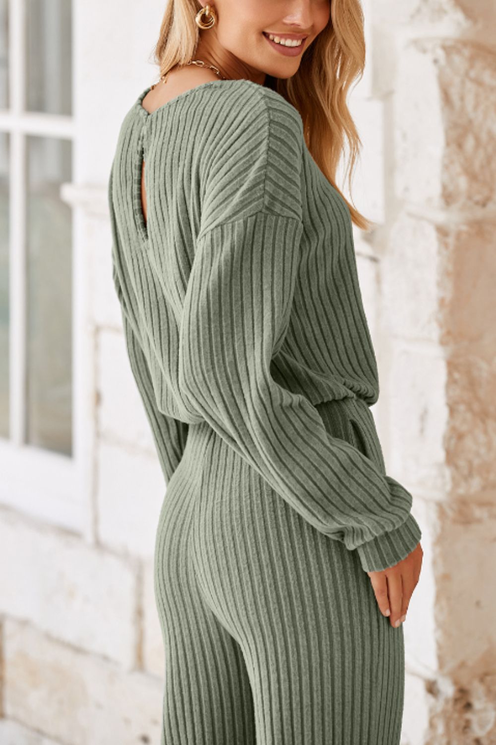 Round Neck Long Sleeve Jumpsuit - Charming Charlie