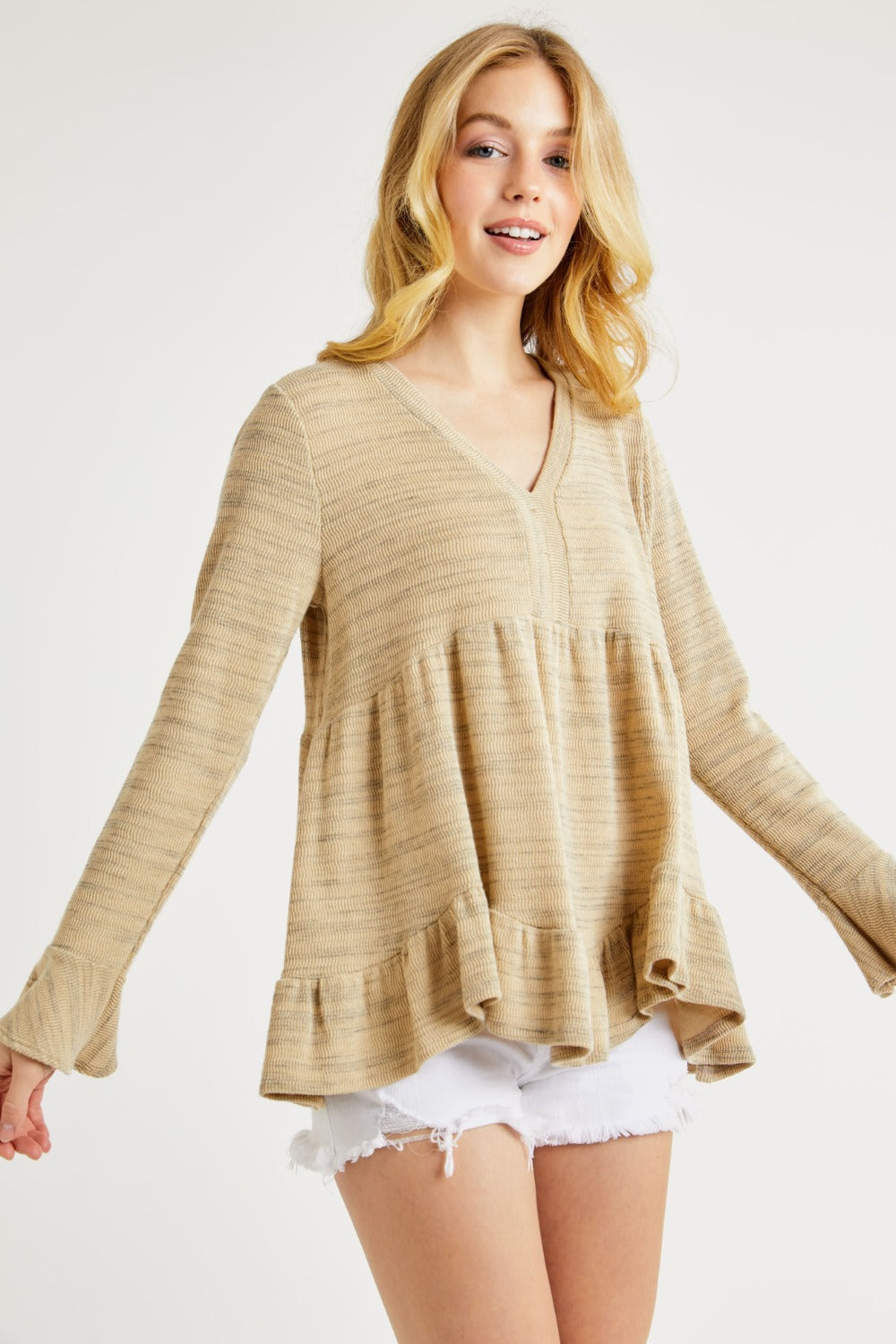 Hailey & Co V-Neck Flounce Sleeve Knit Top - Charming Charlie