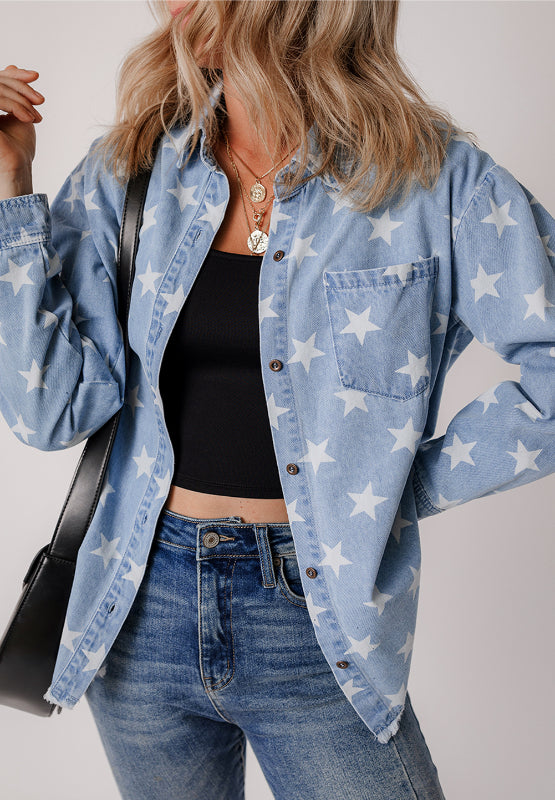 Raw Hem Star Collared Neck Denim Top - Charming Charlie