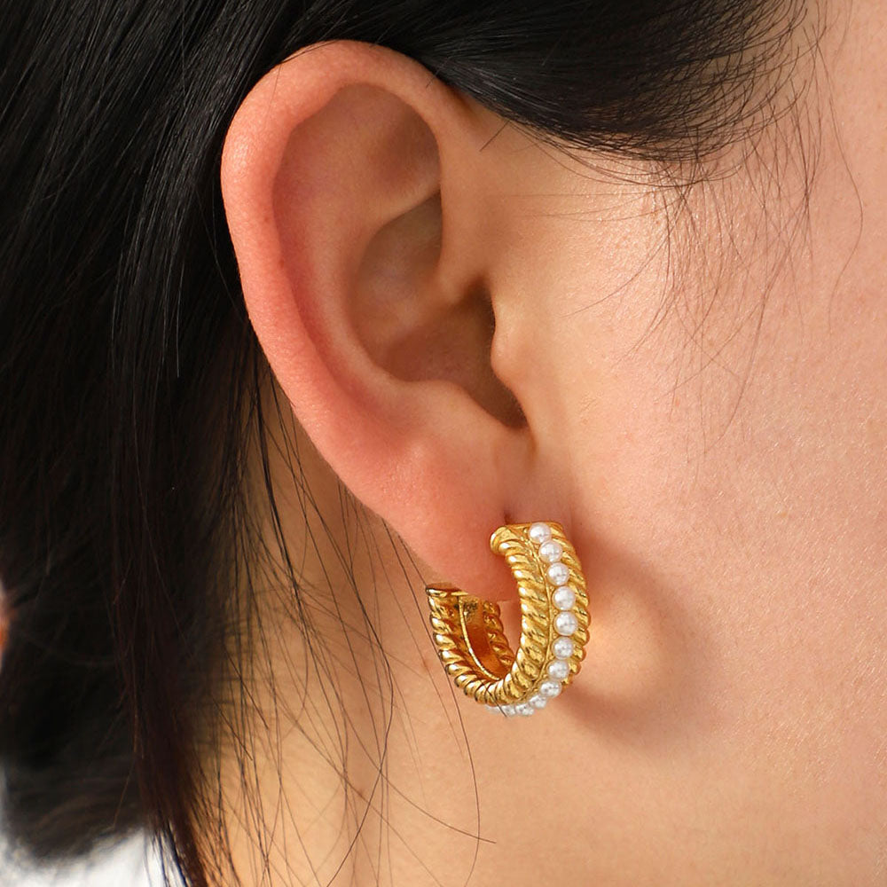 Stainless Steel Pearl C-Hoop Earrings - Charming Charlie