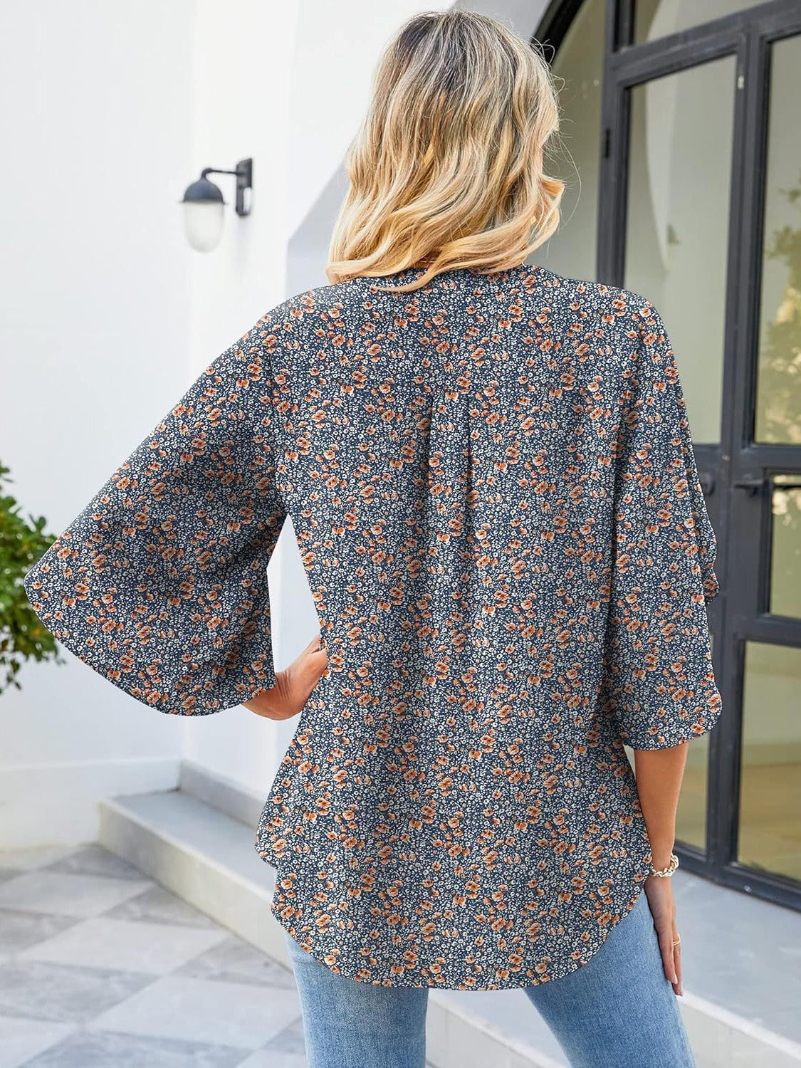 Printed Notched Half Sleeve Blouse - Charming Charlie