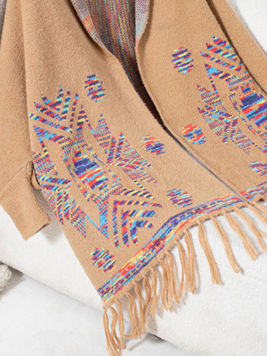 Fringe Geometric Open Front Long Sleeve Cape - Charming Charlie