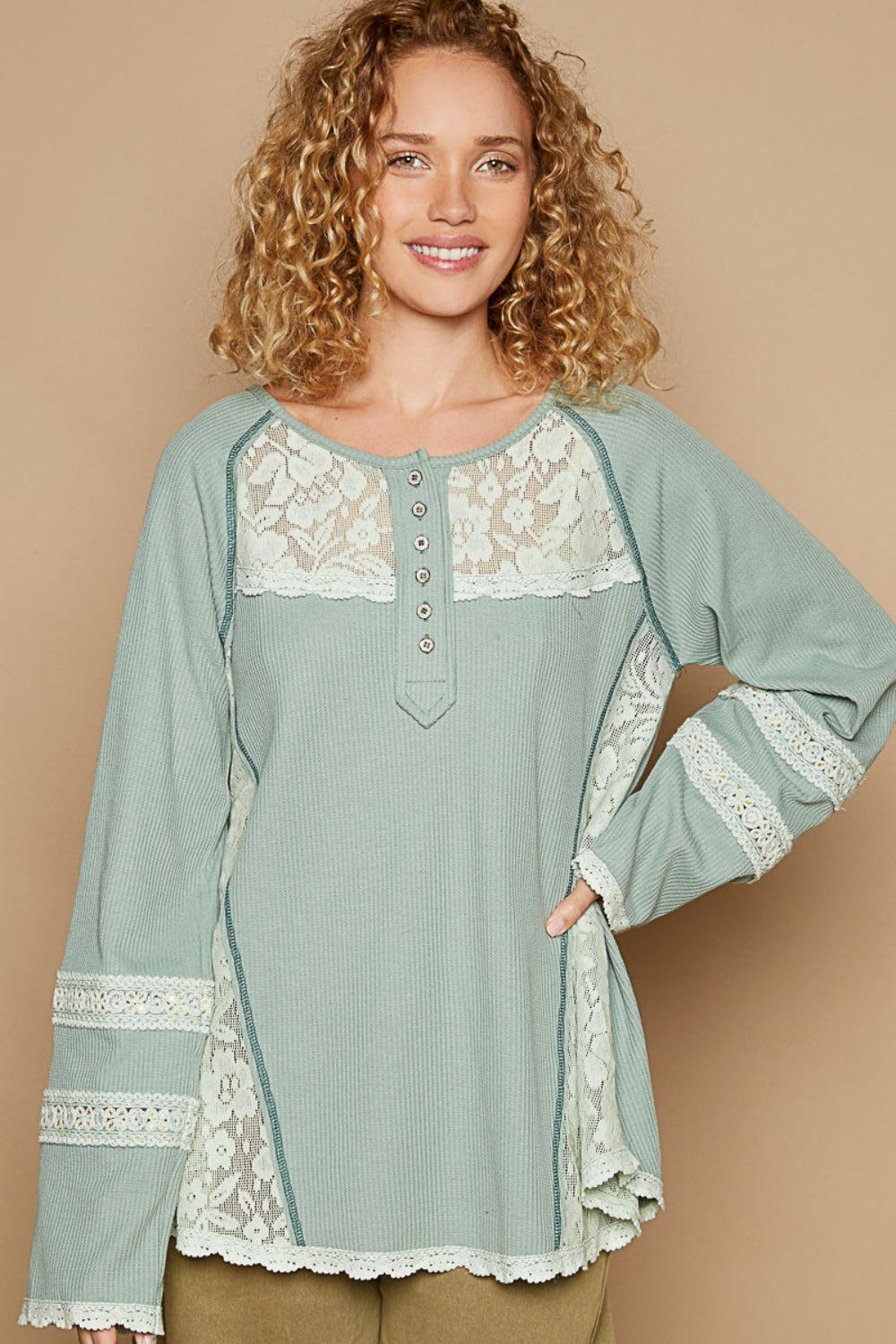 POL Round Neck Long Sleeve Lace Trim Thermal Top - Charming Charlie