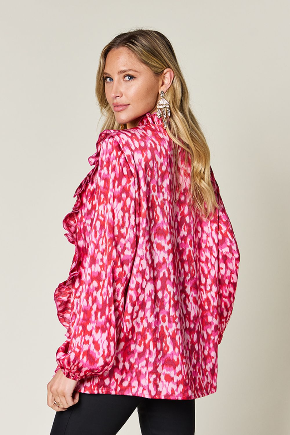 Double Take Full Size Printed Ruffle Trim Balloon Sleeve Shirt - Charming Charlie