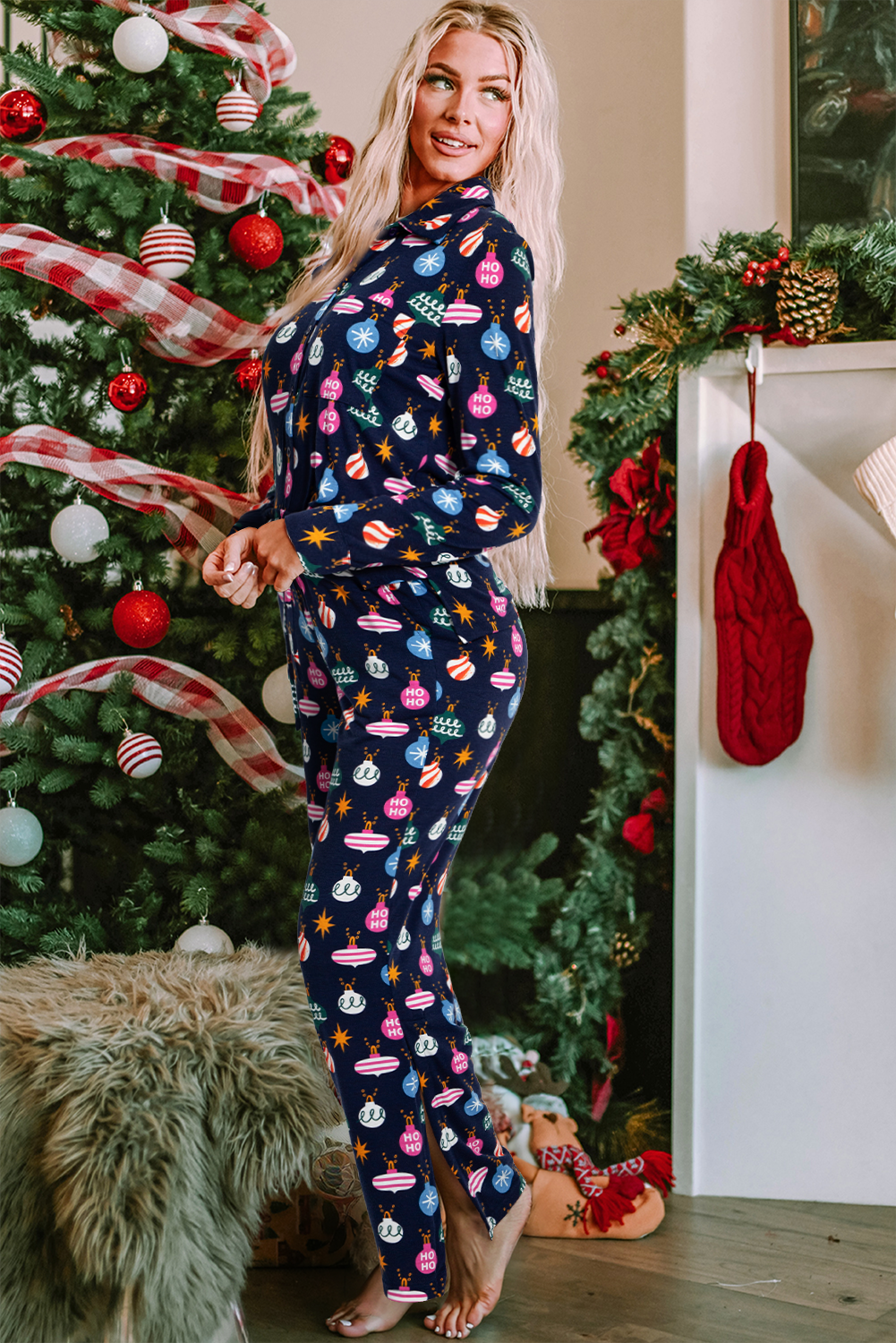 Christmas Lights Print Collared Neck Top and Pants Set - Charming Charlie