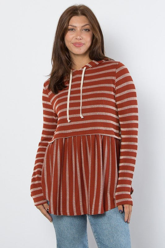 Be Stage Full Size Drawstring Striped Babydoll Hoodie - Charming Charlie