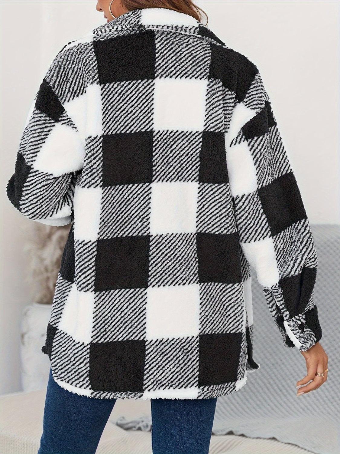 Plaid Button Up Long Sleeve Fuzzy Outerwear - Charming Charlie