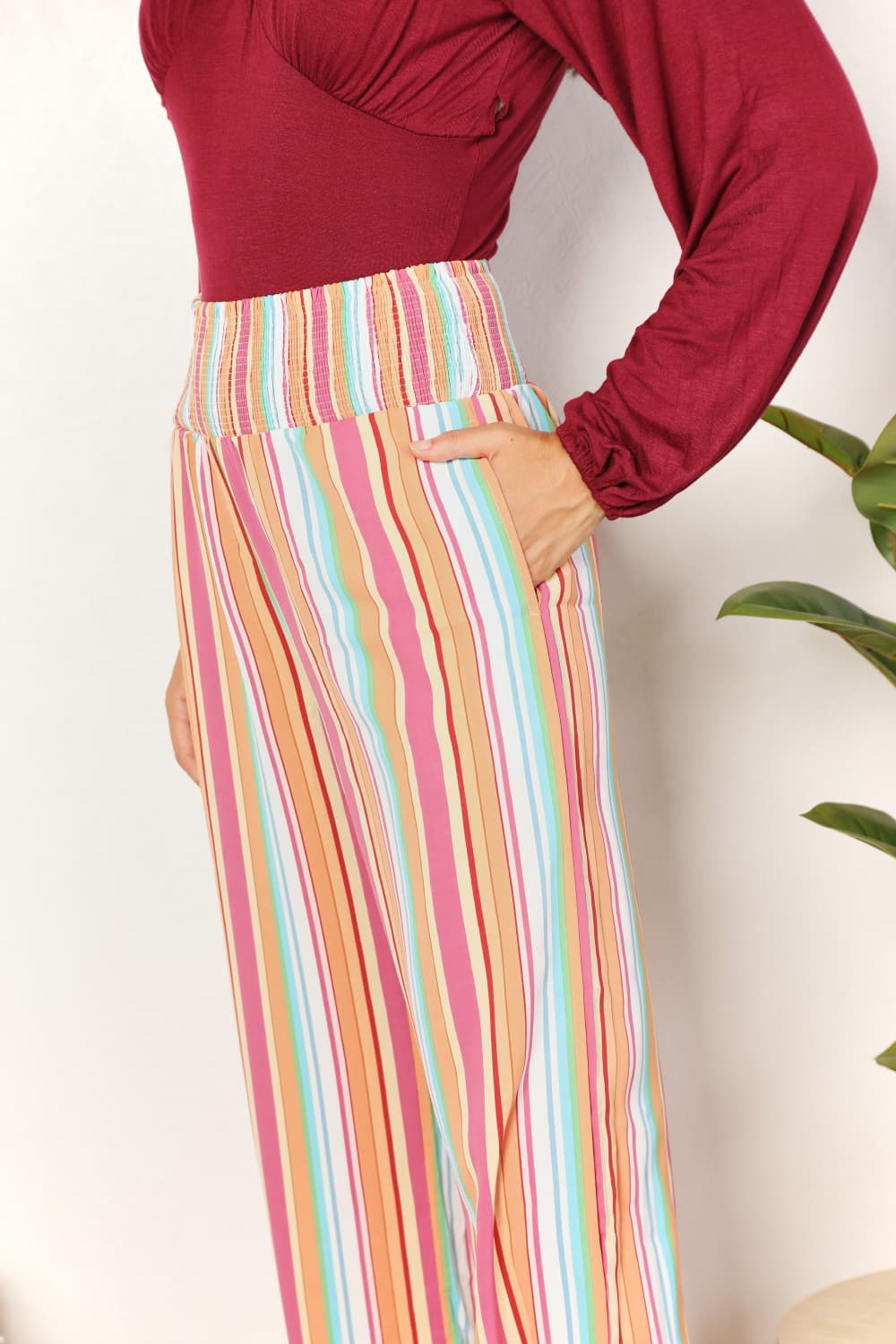 Double Take Striped Smocked Waist Pants with Pockets - Charming Charlie