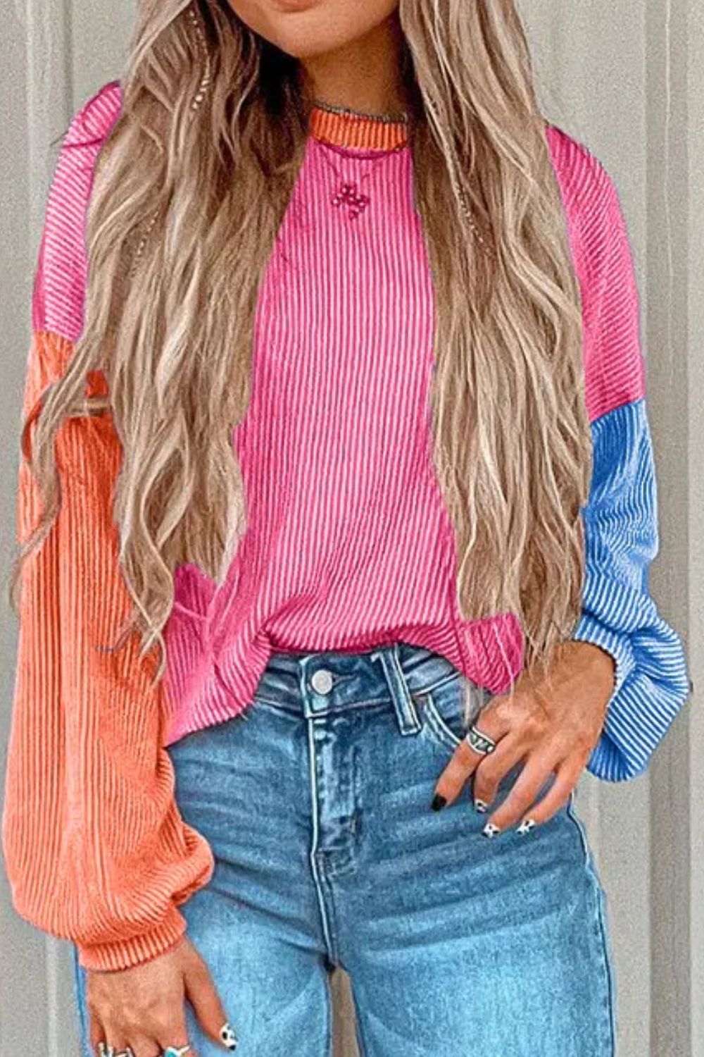 Color Block Round Neck Long Sleeve Top - Charming Charlie