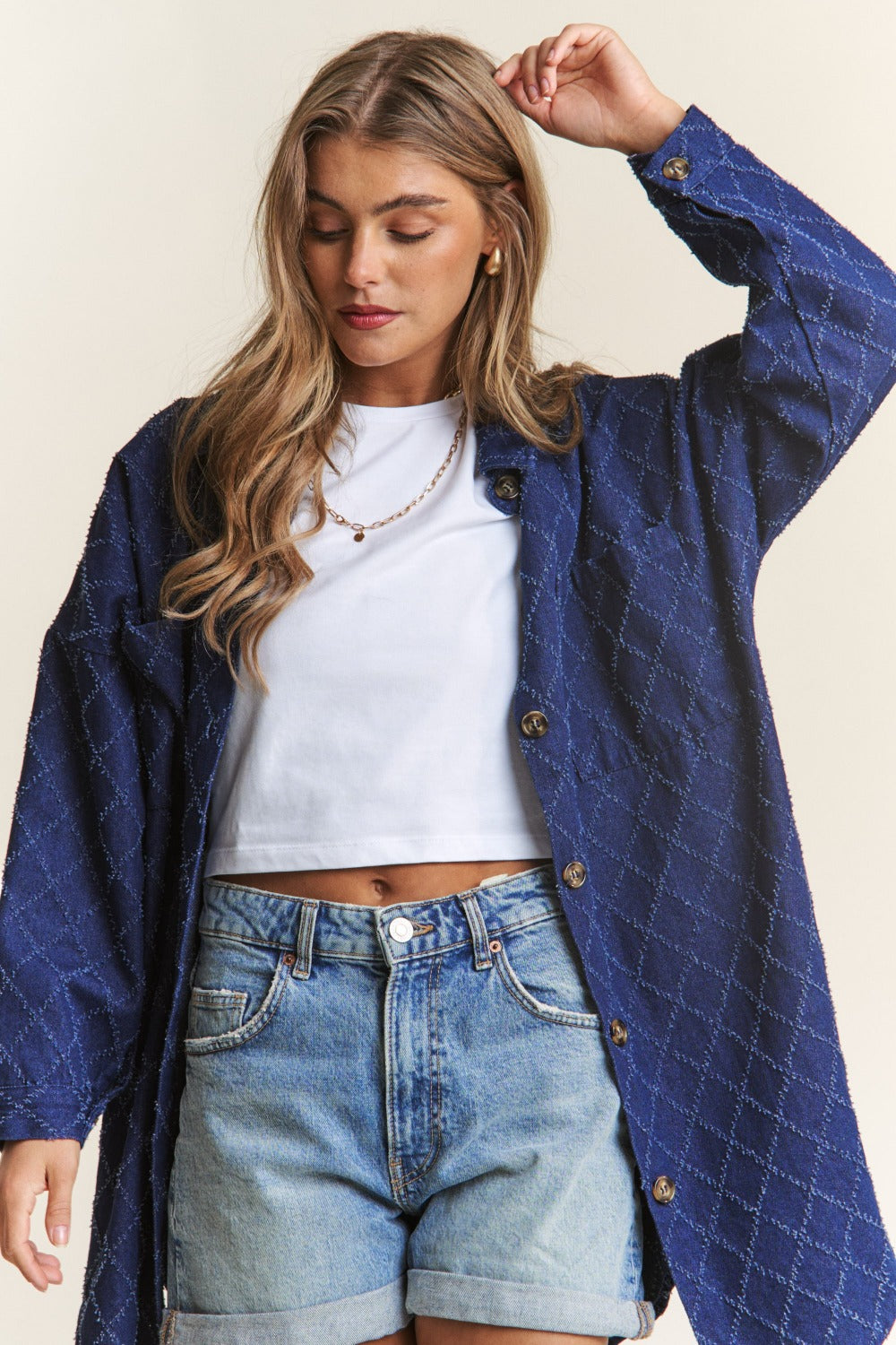 J.NNA Rhombus Stitched Button Up Denim Shacket - Charming Charlie
