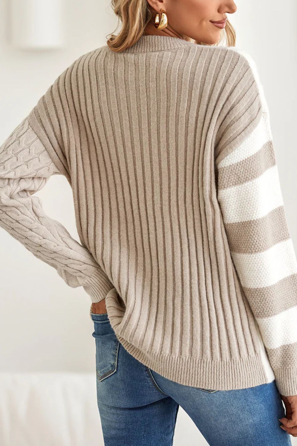 Cable-Knit Color Block Round Neck Sweater - Charming Charlie