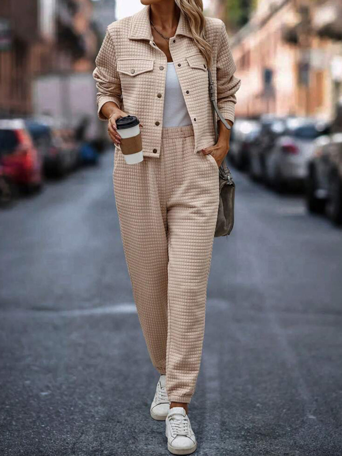 Plaid Texture Snap Down Top and Pants Set - Charming Charlie